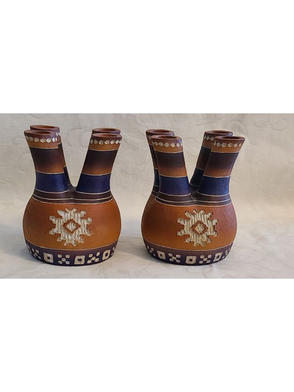 Pair Vintage Southwestern Terracotta 4-Neck Pottery Vases